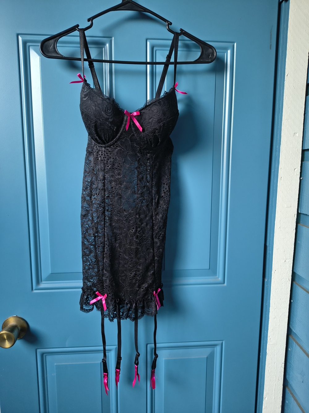 Dreamgirl Black Lace Chemise with Hot Pink Bows
